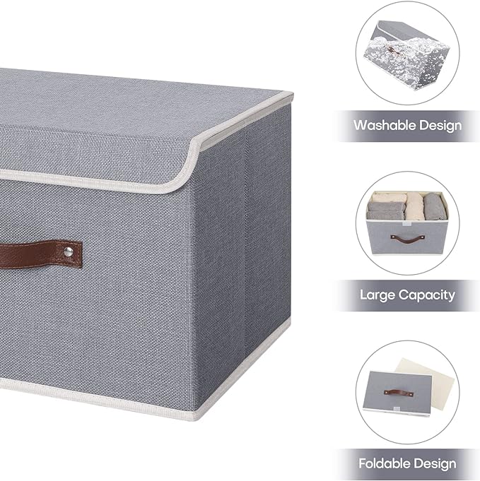 ANMINY Fabric Storage Box Bins with Lids, Gray, 13"x9"x7.9", 2 Pack | Keepsake Memory Storage, Cotton Linen, PP Board Reinforced, Washable, PU Handles, Foldable & Stackable, Decorative, Medium