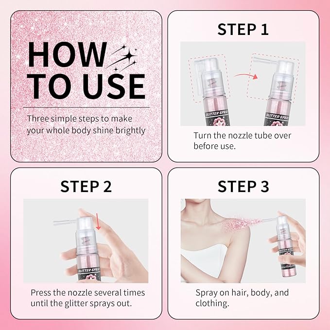 Pink Body Glitter Spray, Shiny Glitter Spray for Hair Body and Clothes, Long-Lasting Sparkle, Holographic Ultra Fine Shimmer Powder Glitter Hairspray for Rave Prom Makeup Halloween Crafts