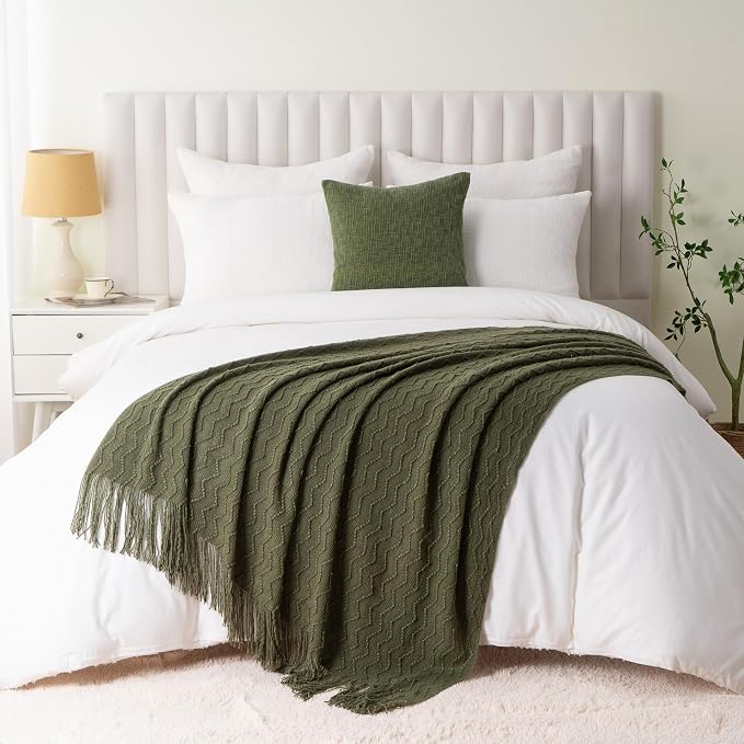 BATTILO HOME Throw Blanket for Couch, Textured Knit Throw, Olive Green Throws for Home Decor, Soft Blanket Throw for Bedroom Decor Housewarming Gifts, 50"x60"