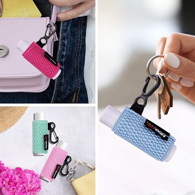 HEYSKAY Lip Balm 3pcs Holder Sleeves Compact Clip On Keychain Lipstick Chapstick Lip Gloss Elastic Sleeves