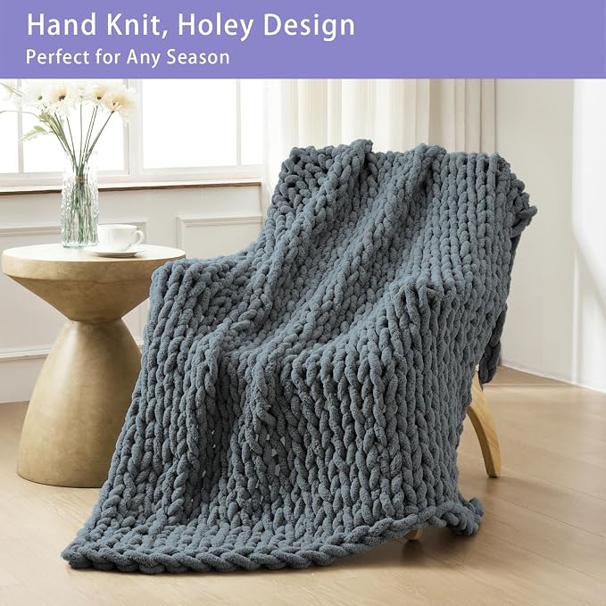 Bigacogo Chunky Knit Throw Blanket for Couch, 60x80 inches, Iron Gray | Hand Knit with Jumbo Chenille, Soft Breathable Cable Knit for Sofa Bed Living Room, Machine Washable, Gift for Mom Friend