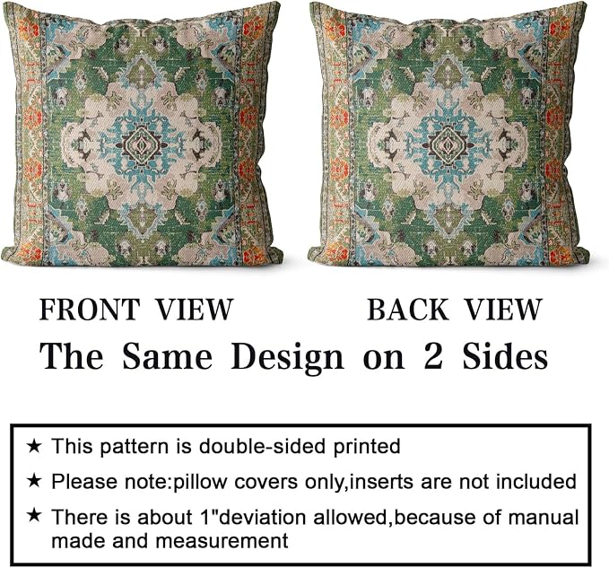 Snycler Boho Throw Pillow Covers 16x16 inch Set of 2 Boho Rug Carpet Double Sided Pattern Cotton Soft Pillow Case Cushion Cover Pillowcase for Couch Sofa Bed Decorative (Green)