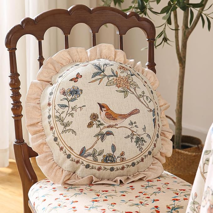 Vintage Linen Throw Pillow Cover,Set of 2,Diameter 16"-Cornucopia A | Designer Elegant French Round Pillow Cover,Concealed Zipper Design,Floral Pattern,Sofas,Bedroom,Living Room,Lounge Chairs