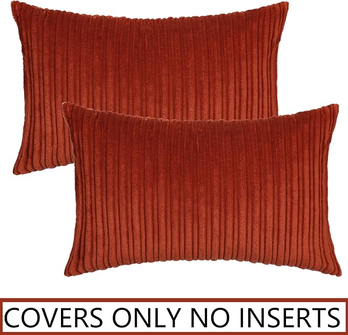 UGASA Fall Pack of 2 Velvet Pillow Covers Striped, Soft Textured Throw Cushion Case Set Corduroy Lumbar Pillowcases with Hidden Zipper for Home Decor Indoor Outdoor (12"x20", Burnt Brick)