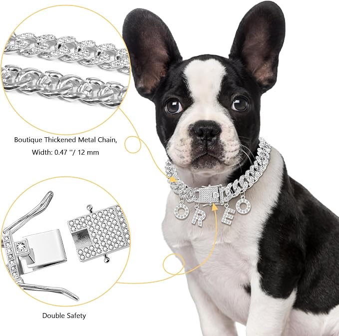 Custom Dog Chain Collar with Name, Diamond Collars Metal Chain Necklace with Secure Buckle, Cuban Style Jewelry Accessories for Puppy Small Medium Large Dogs(Silver, 8 Inch)
