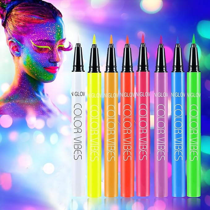 CCbeauty 8 Colors Neon Liquid Face Paint Makeup, Sweatproof, Smudgeproof, Waterproof UV Eye Liner Set, Glow Face Painting Kit for Adults Artist Halloween Christmas Birthday Party