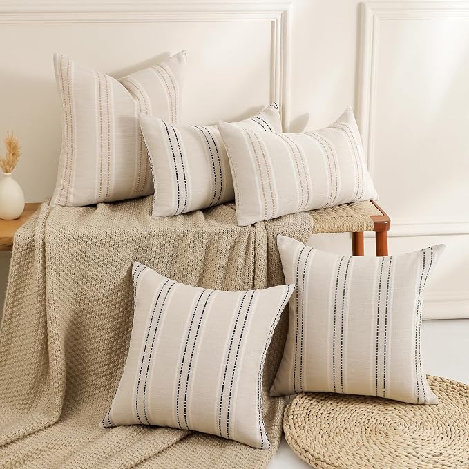 Hckot Throw Pillow Covers 24x24 Set of 2 Striped Pillow Covers Textured Linen Decorative Pillows Square Cushion Covers for Sofa Couch Bed Living Room Farmhouse Decor,Black