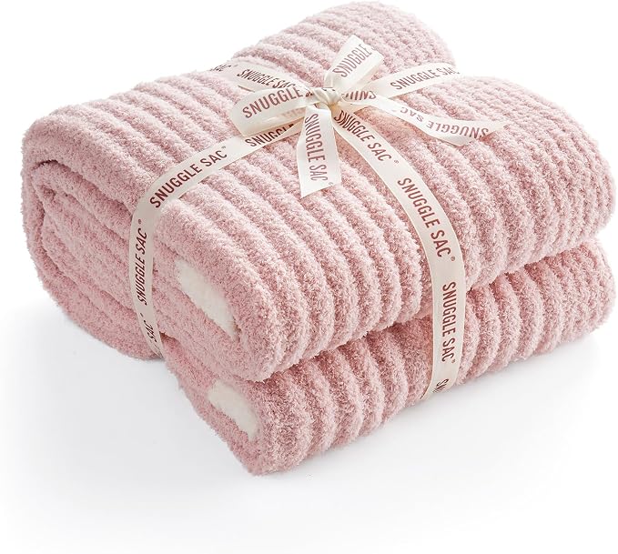 Snuggle Sac Summer Pink Throw Blanket for Couch, Soft Cozy Ribbed Fluffy Blankets for Women, Warm Microfiber Knit Cute Throws for Girls Daughter Gifts, Pink, 50x60 inches