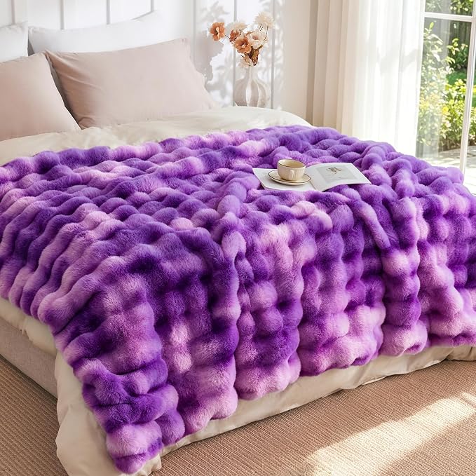 Luxury 1000GSM Rabbit Faux Fur Blanket, Super Warm Cozy Brown Blankets for Couch Bed Sofa, Ruched Plush Fuzzy Elegant Soft Reversible Mink Blanket Living Room Bedroom, 50" x 60", Grape Purple