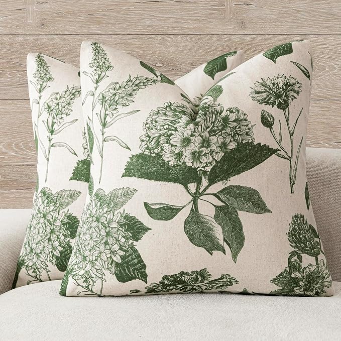 Foindtower Set of 2 Linen Floral Throw Pillow Covers Neutral Vintage Print Decorative Cozy Cushion Covers Farmhouse Boho Home Decor for Sofa Chair Couch Bedroom Living Room,20×20 Inch,Dark Green