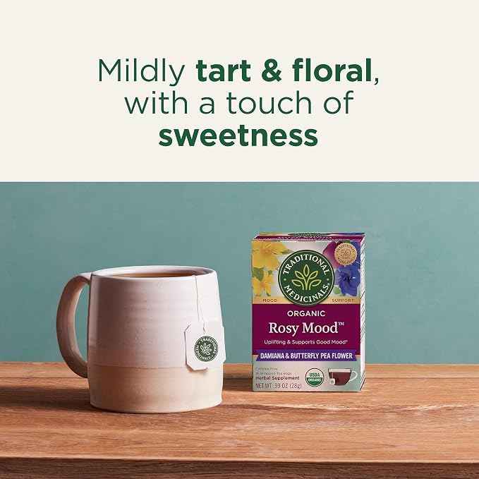 Traditional Medicinals Organic, Rosy Mood, Damiana & Butterfly Pea Flower - Uplifting Mood Support - Kosher, Non-GMO, Caffeine-Free, Compostable - 16 Tea Bags (Pack of 2)