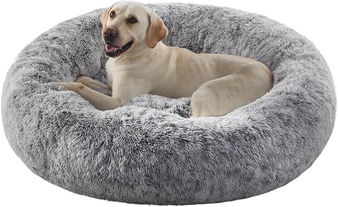 45 in Faux Fur Fluffy Donut Dog Bed for Extra Large Dogs,Dark Grey | Calming Plush Round Jumbo Pet Bed with Removable & Washable Cover,Fits up to 120 lbs Pets