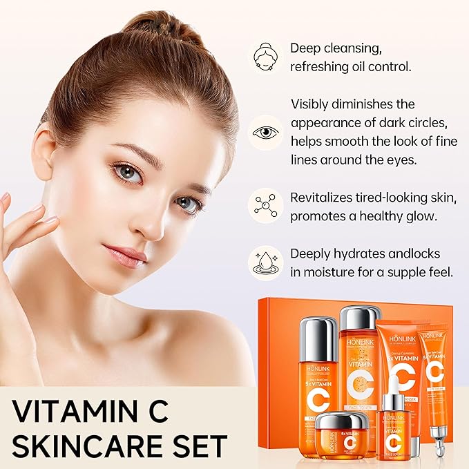 2 Box Glown 6-Piece Hydrating Skincare Set with Vitamin C & Niacinamide,HONLINK Face Care Kit Includes Toner, Faical Serum,Cleanser,Moisturizer, Eye Cream & Body Lotion (Face Set x 2)