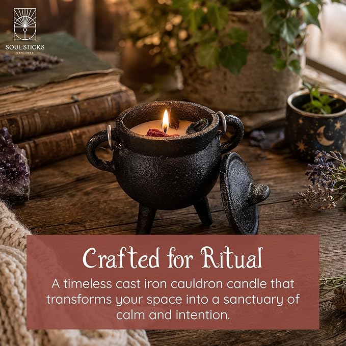 Reusable 4-Inch Cast Iron Cauldron Candle with Lid and Hanging Handle | Ritual & Aromatherapy Candle for Spell Casting, Smudging, Home Cleansing | Herb-Infused with Essential Oils (Eucalyptus)