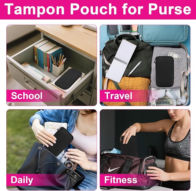 Tampon Holder for Purse, Portable Tampon Bag Organizer Case for Women’s Purse, Travel-Friendly Discreet Period Bag for Feminine Products, Waterproof Pad Bag, Black(Bag Only)