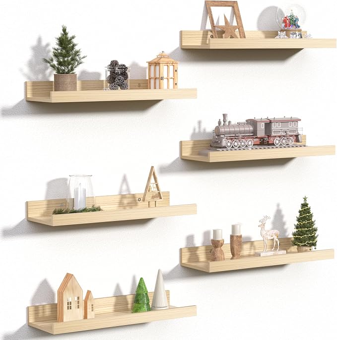 upsimples Floating Shelves for Wall Decor Storage, Natural, 6Pcs, 15.7'' | Wall Mounted Wood Shelves for Living Room, Bedroom, Bathroom, Kitchen, Office, Laundry Room Display and Organize