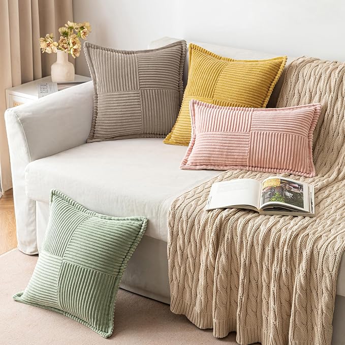 MIULEE Decorative Lumbar Throw Pillow Covers 12x20 Inch Light Brown 2 Pack | Boho Broadside Striped Patchwork Pillow Covers, Soft Corduroy Cushion Cases, For Couch Sofa Bed Livingroom Home Decor