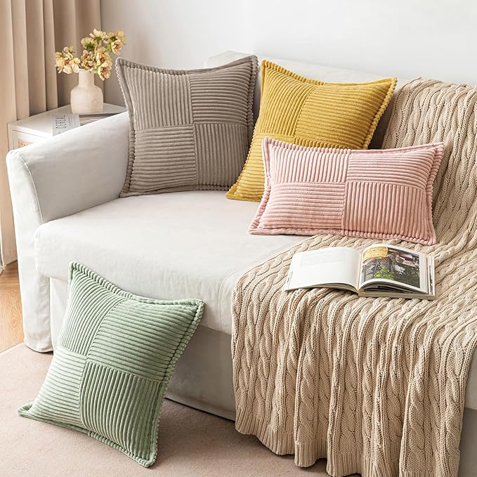 MIULEE Decorative Throw Pillow Covers for Couch 16x16 Inch Light Brown | 2 Pack, Boho Broadside Striped Patchwork Pillow Covers, Soft Corduroy Cushion Cases, For Sofa Bed Livingroom Home Decor