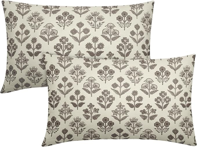Dark Brown Floral Pillow Covers 12x20 Inch Set of 2, Block Print Lumbar Flower Cream Decorative Throw Pillowcases Outdoor Farmhouse Rectangle Cushion Covers Spring Summer Sofa Couch Bed Decor