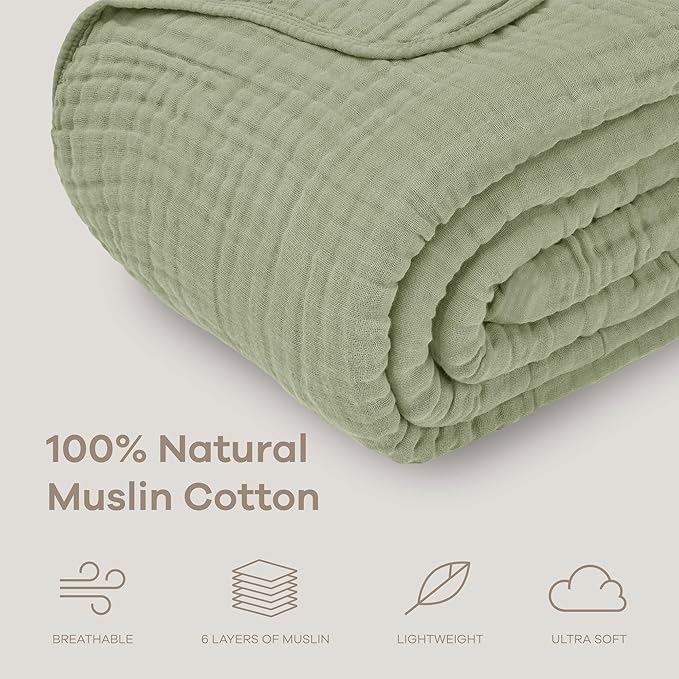 Comfy Cubs Adult Muslin Blanket 108x90” King Swaddle Blankets, Sage | 6 Layer Soft, Breathable & Lightweight Muslin Adult Blanket - Machine Washable & Designed in the US Bedding for All Seasons