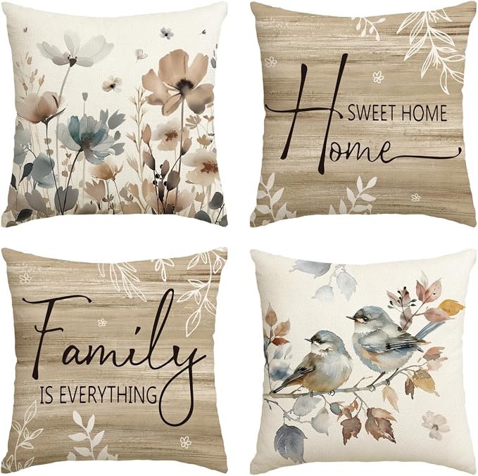 AVOIN colorlife Chinoiserie Poppy Flowers 18x18 Inch Pillow Covers Set of 4 | Chickadee Home Sweet Home Floral Seasonal Autumn Harvest Decoration for Sofa Couch Farmhouse Living Room Decor