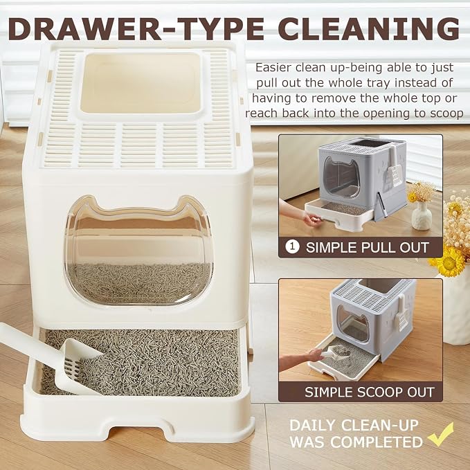 Cat Litter Box with Lid, Covered Top Entry Kitten Litter Pan for Small and Medium Cats, Anti-Splashing Kitty Potty with Slide-Out Litter Tray
