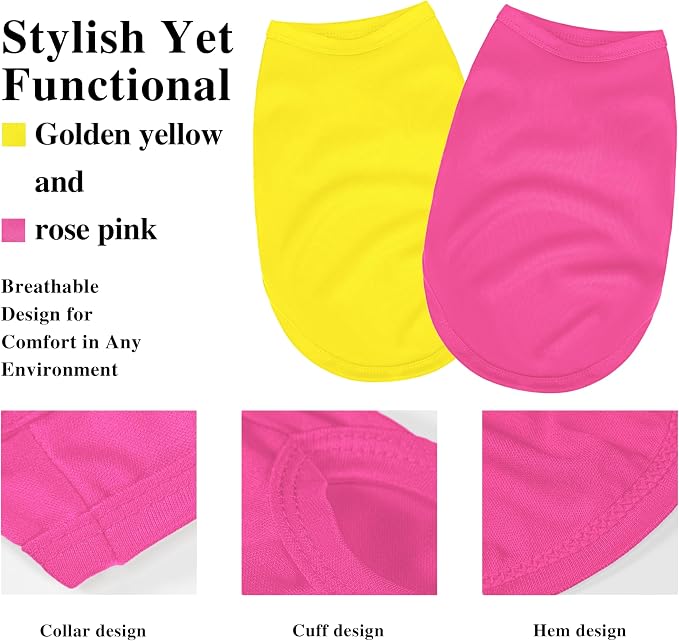2 Pack Solid Color Dog Shirts - Lightweight, Quick Dry, Breathable Pet T-Shirts for Small to Large Dogs - Stretchy, Durable, Ideal for All Seasons and Holidays.Rose red&Yellow L