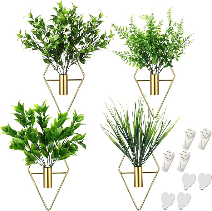Hanaive 4 Sets Boho Wall Decor Metal Wall Art Hanging Planters with Artificial Pampas Display Modern Home Vase for Bedroom Home Office(Brisk,Green)