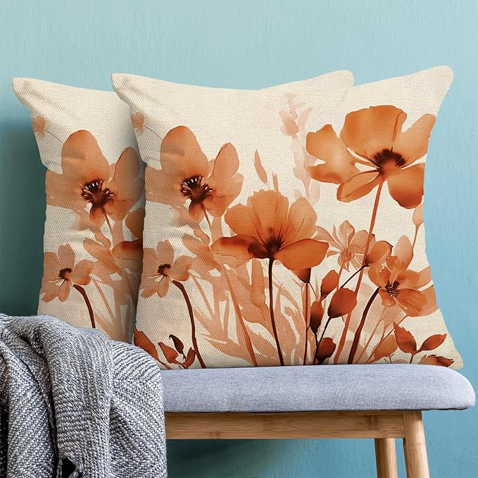Spring Floral Pillow Covers 18x18 Inches Set of 2,Orange Floral Throw Pillow Covers Outdoor Summer Flower Decoration Pillowcase Farmhouse Decorative Square Linen Cushion Cover for Couch Sofa