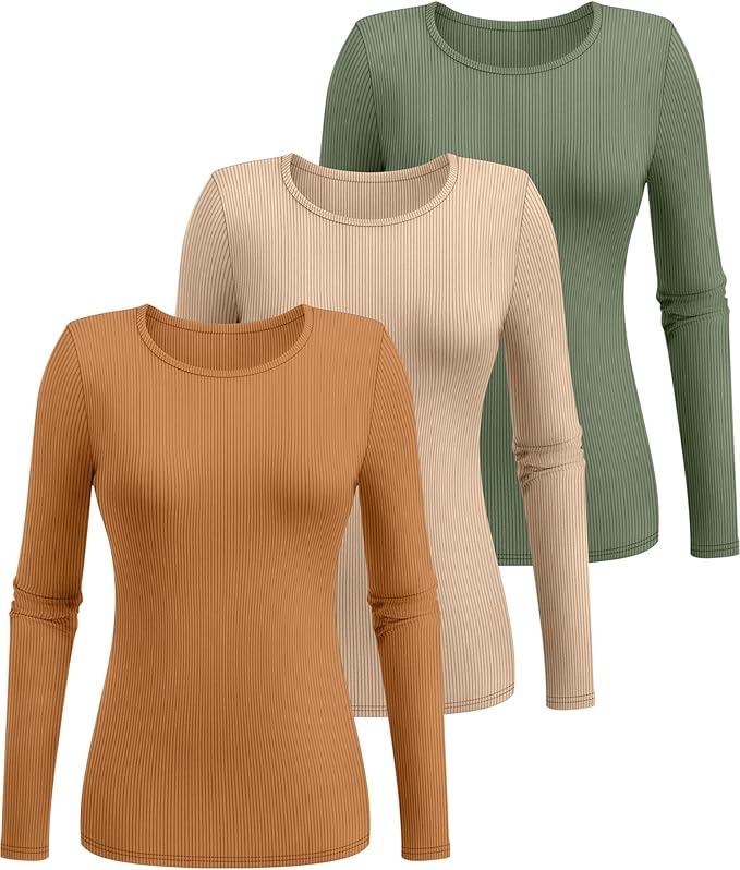 Ficerd 3 Pack Women's Ribbed Long Sleeve Tops, Crew Neck Slim Fit Undershirts Knit Basic Casual Stretch Layering Tee Shirts