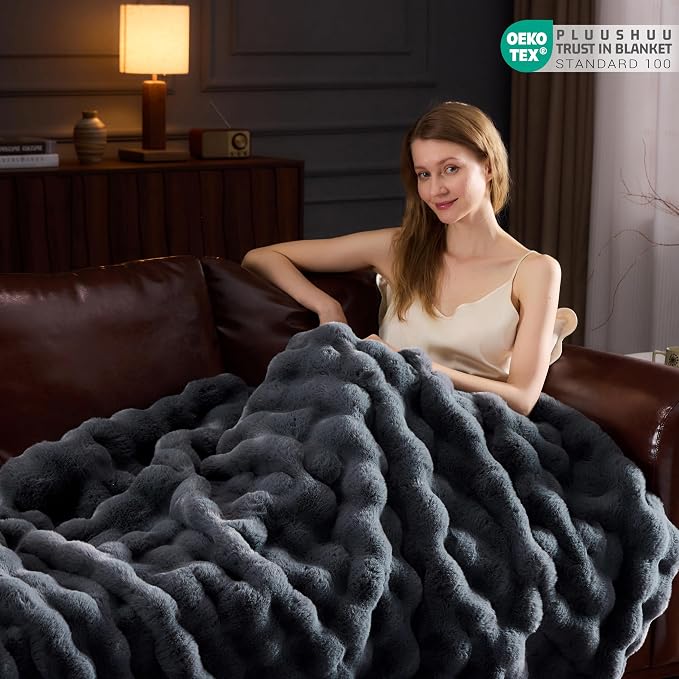 Faux Fur Throw Blanket for Couch, Fluffy Fuzzy Plush Bubble Blanket, Soft Warm Cozy Shaggy Rabbit Blanket, Luxury Decorative Gifts for Sofa Bedroom Living Room, 60x50inch (Grey)