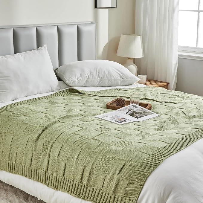 CozeCube Sage Green Knitted Checkered Throw Blanket 50"X60" | Check Knit Throw for Couch, Decorative Christmas Soft Cozy Warm Blanket for Bed Sofa Living Room