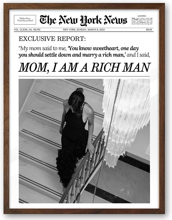 EcoHest 12x16 in Mom I Am a Rich Man Newspaper Framed Wall Art | Walnut Color Solid Oak Frame, Canvas Wall Art, Girly Fashion Magazine Decor for Bedroom, Apartment, Dorm, College Room, 1Pack