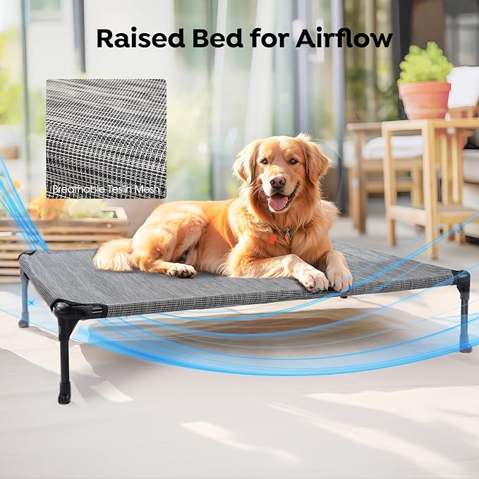 Veehoo Outdoor Elevated Dog Bed with Waterproof Bolster Cushion, Cooling | Raised Dog Bed with Removable & Washable Mat Topper, Breathable Mesh, Dog Couch Cot for Indoor Outdoor, 32", Medium, Melange