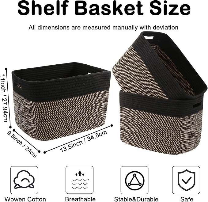 3 Pack Woven Baskets,Storage Baskets for Shelves with Handles | 13.5"×11"×9.5", Closet Baskets, Nursery Organizer for Toys Towels Books, Storage Bin for Living Room Bedroom (Black & Jute)