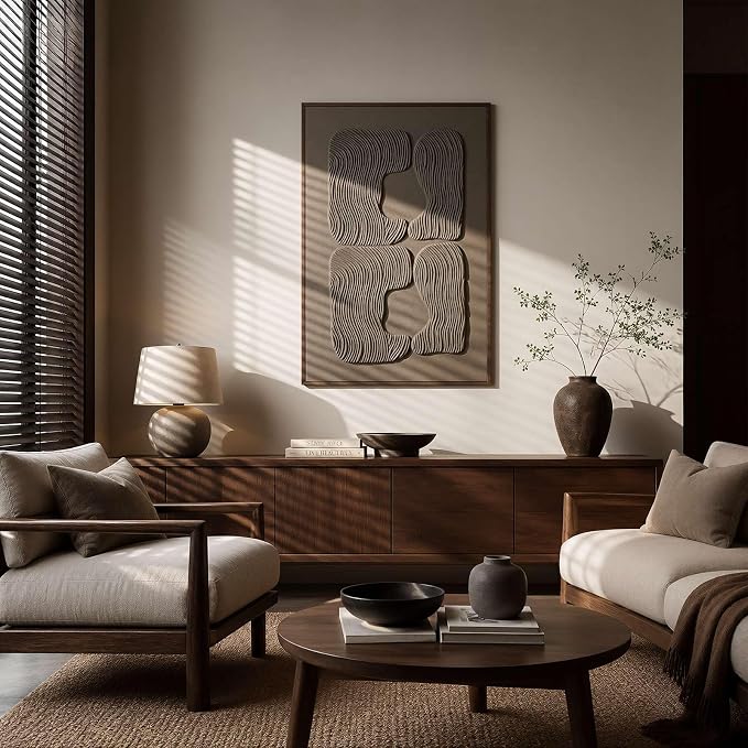 Thalasse Abstract Wall Art Large Framed 3D Oatmeal Beige 24x36 In | Wabi Sabi sandstone relief artwork, solid Catalpa wood frame, minimalist hallway entryway decor, 1 piece
