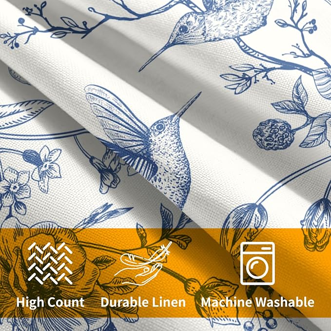 Kawani Chinoiserie Blue Floral Pillow Covers 20x20 Inch, Set of 2 Vintage Flowers Hummingbirds Cotton Linen Square Pillowcase Cushion Cover for Couch Sofa Garden Patio Bedroom Livingroom