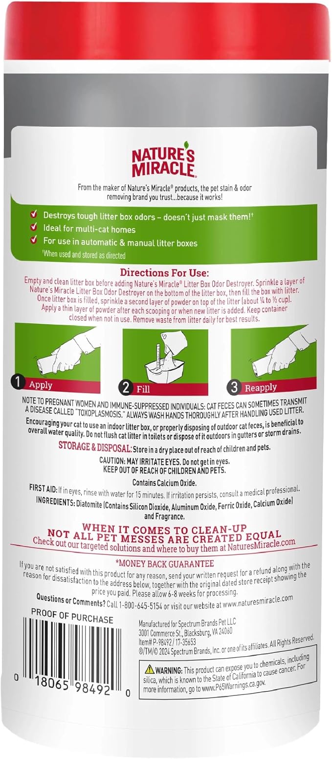 Nature's Miracle Cat Litter Box Odor Deodorizer Powder, 20 oz | Helps Remove Tough Urine, Feces & Ammonia Odors, Use In Litter Box Before Adding Litter, For Manual & Automatic Litter Boxes