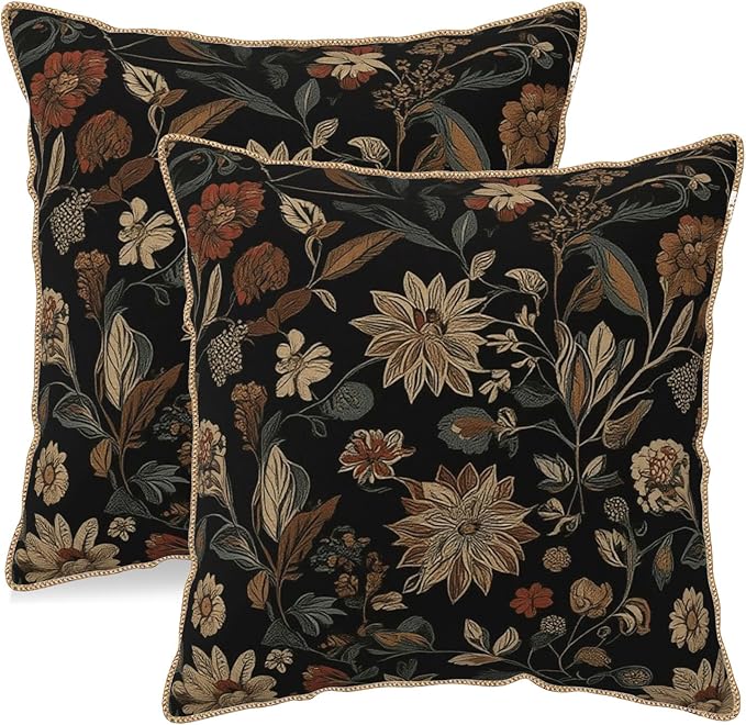 KSLIDS Vintage Floral Brown Black Soft Velvet Throw Pillow Covers Set of 2 Retro Boho Flower Leaves Decorative Pillow Covers 20x20 Inch Bohemian Pillow Case for Sofa Couch Farmhouse Home Decor