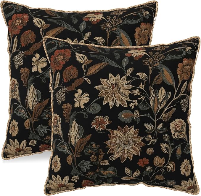 KSLIDS Vintage Floral Brown Black Soft Velvet Throw Pillow Covers Set of 2 Retro Boho Flower Leaves Decorative Pillow Covers 16x16 Inch Bohemian Pillow Case for Sofa Couch Farmhouse Home Decor