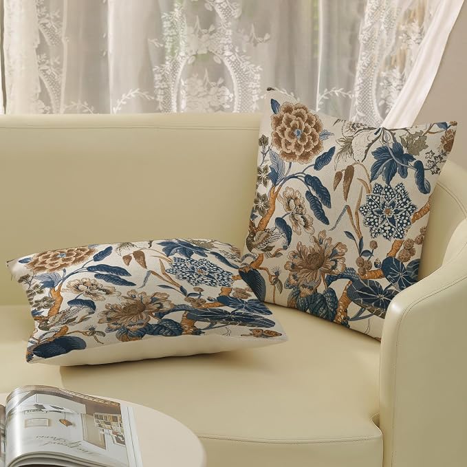 Grwon Navy Blue Pillow Covers 18x18 Inch Set of 2 Vintage Blue Floral Throw Pillows Chinoiserie Flower Decorative Pillow Case Outdoor Linen Farmhouse Cushion Cover for Couch Sofa Decorations