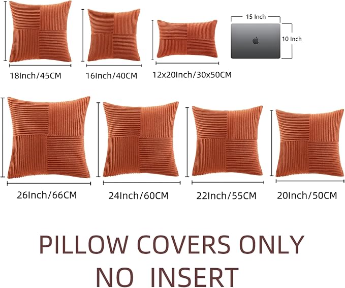 Fancy Homi Set of 2 Burnt Orange Samll Decorative Throw Pillow Covers 12x12 Inch for Living Room Couch Bed, Boho Farmhouse Fall Home Decor, Soft Corss Corduroy Patchwork Textured Cushion Case 30x30cm