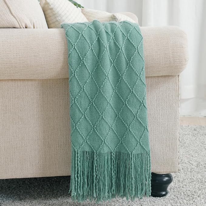 BOURINA Dark Cyan Throw Blanket 50x90 Inch Boho Knit Soft Throw Bed Blanket | Knitted Throw Blanket 50x90 Inches, Soft Lightweight Boho Weave Throw Decorative Couch Blanket for Living Room Bed Runner