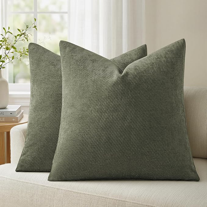 a moment Pack of 2 Decorative Chenille Throw Pillow Covers with Twill Cushion Covers for Sofa Living Room Couch Bed 16x16 Inch Olive Green
