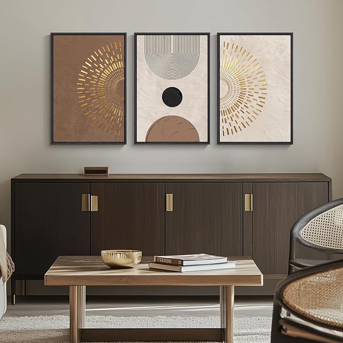 Framed Boho Neutral Abstract Wall Art, 3 Piece Canvas Prints Paintings Artwork for Walls, Large Minimalist Brown Beige Gold Geometric Pictures for Living Room Hallway Bedroom Office Wall Decor 16x24