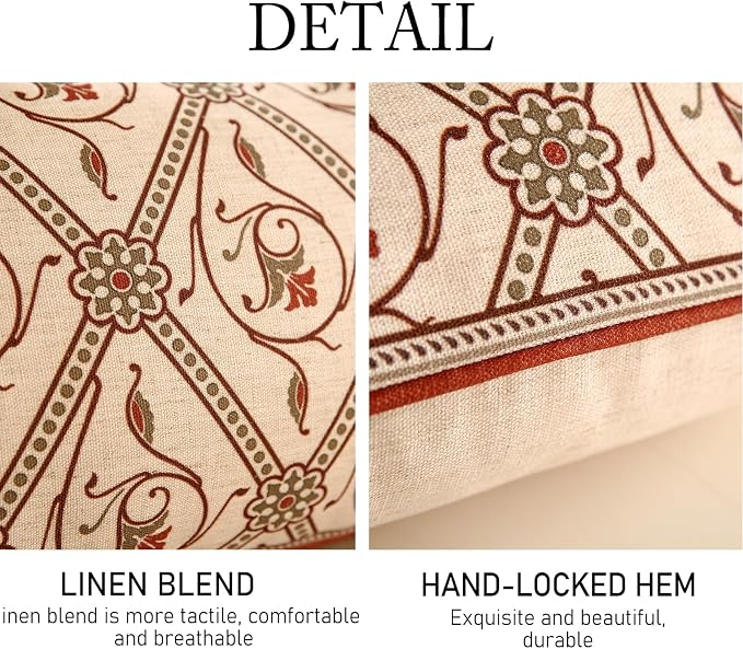 Designer Vintage French Linen Throw Pillow Cover,20"x12"-Albano D | Elegant Rectangle Pillow Cover,Concealed Zipper Design,Floral Pattern,Sofas,Bedroom,Living Room,Lounge Chairs,Decor