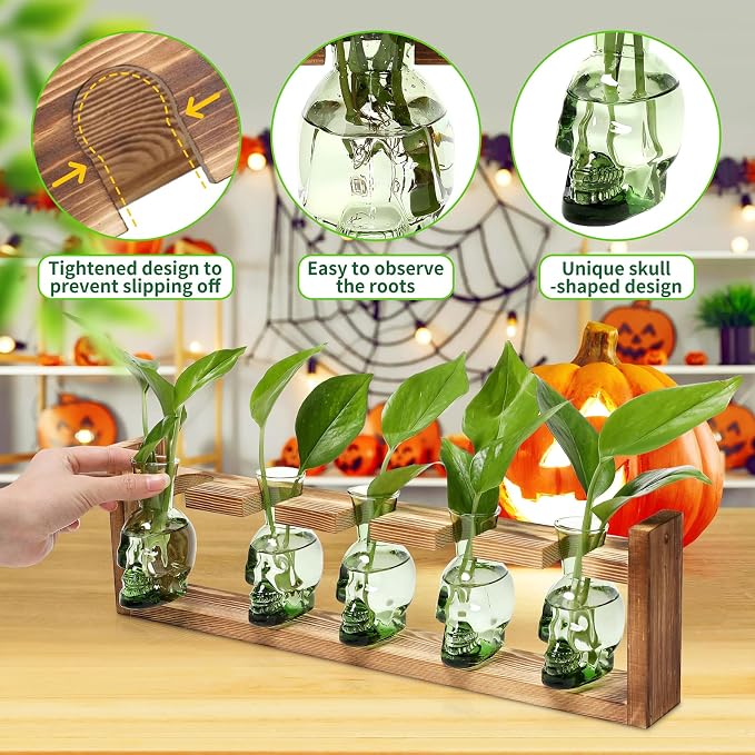 Plant Terrarium Propagation Stations Halloween Skull Planter Vase Skulls | decor With Wooden Stand Gife for Father - 5 Vases