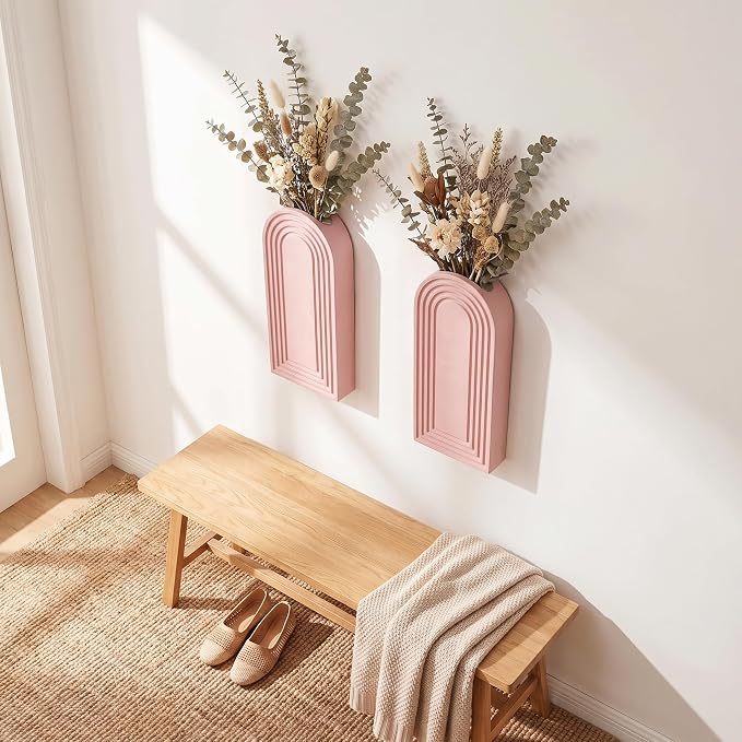 Dnnnii 2 Pack Wooden Wall Vase Set - Pink Finish Modern Farmhouse & Boho Wall Decor for Entryway, Hallway, Bathroom, Living Room, Dining Room, Narrow Spaces