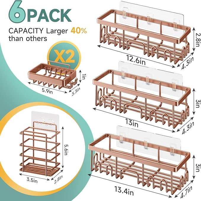 Veken Shower Caddy 6-Pack, No Drilling & Rustproof, Waterproof Adhesive Shelves Rack with Soap Holder, Large Capacity Bathroom Organizers and Storage, Wall-Mounted Kitchen & Home Decor, Rose Gold