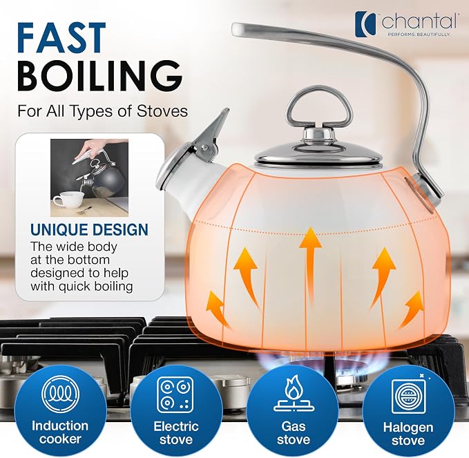 Chantal Classic Teakettle, 1.8 QT, Enamel On Steel, 2-Tone Harmonica Whistle, Rapid Boil and Even Heating (Black)